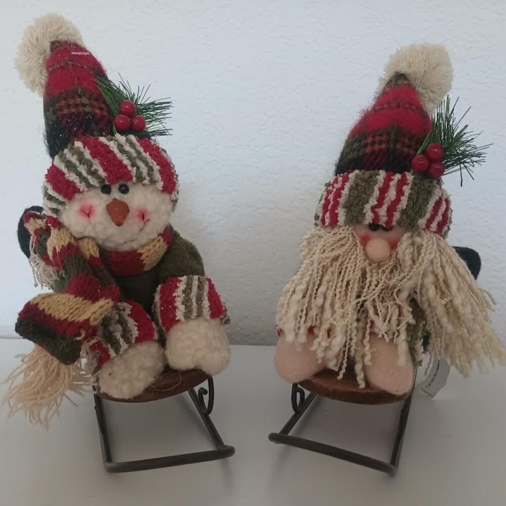 TII COLLECTION WOODSY SANTA CLAUS AND SNOWMAN ON WOOD AND METAL SLED SET NEW